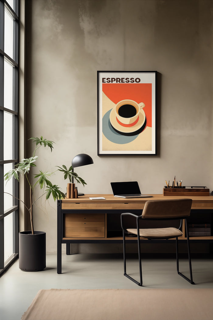 A stylish vintage espresso coffee poster framed on a wall in a contemporary home office setup with laptop and desk accessories