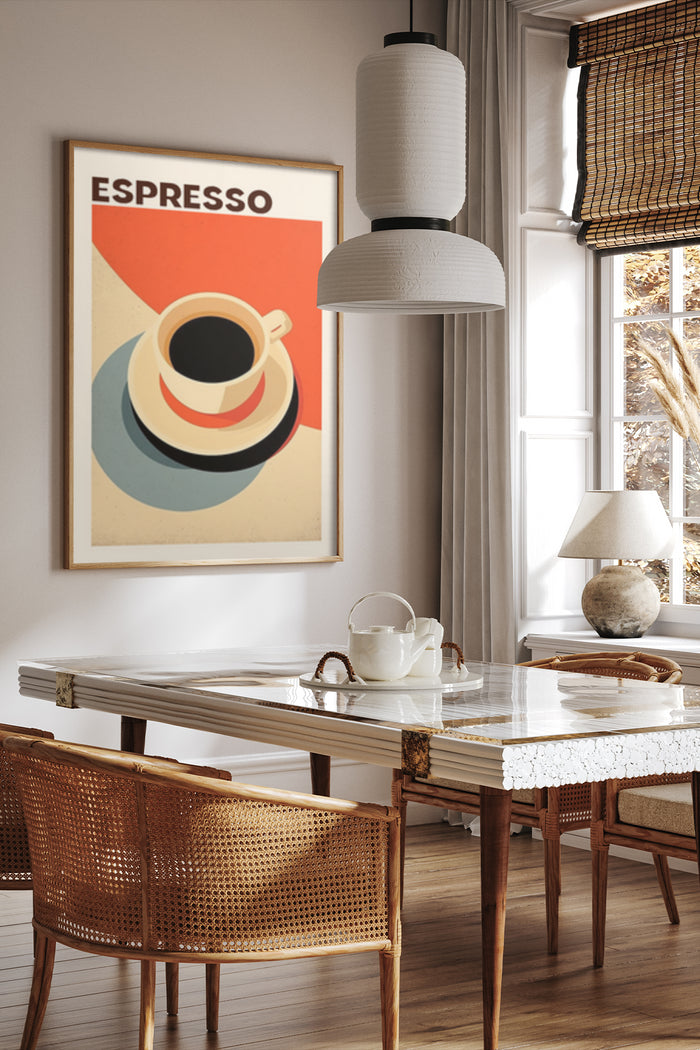 Vintage Espresso Coffee Poster in Stylish Dining Room Interior