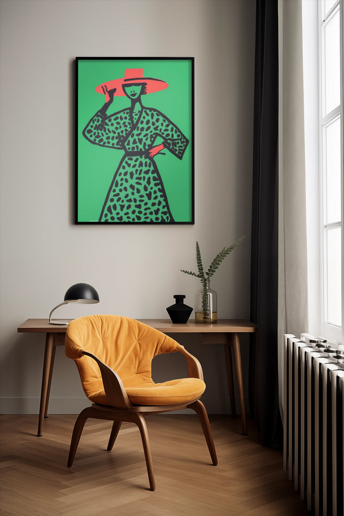 Vintage green and black fashion art poster with woman in a leopard print dress and red hat displayed in a contemporary room setting