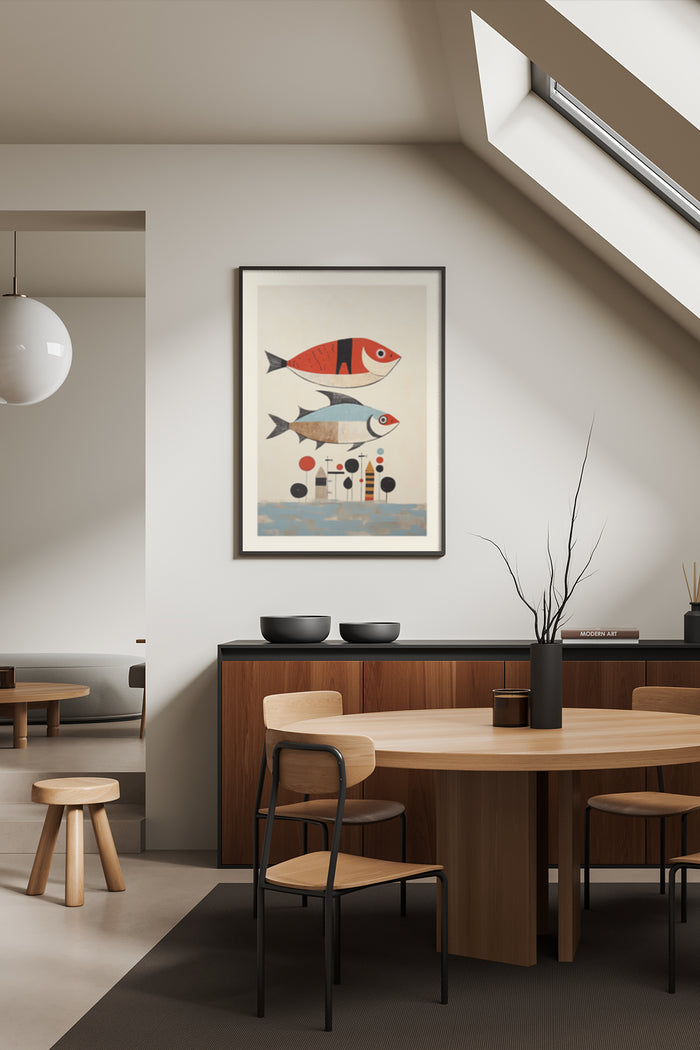 Vintage stylized fish artwork poster framed on a wall in a contemporary dining room setting
