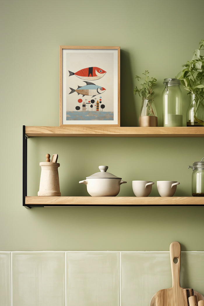 Framed vintage fish artwork on kitchen shelf with ceramic cookware and fresh herbs
