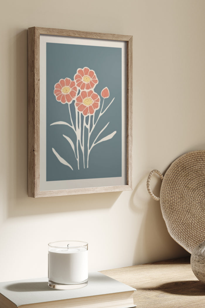 Vintage style framed floral artwork with red and peach flowers, displayed in a cozy home interior setting