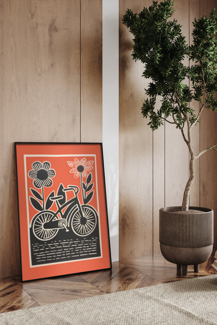 Vintage Floral Bicycle Poster in Stylish Interior Design with Potted Plant