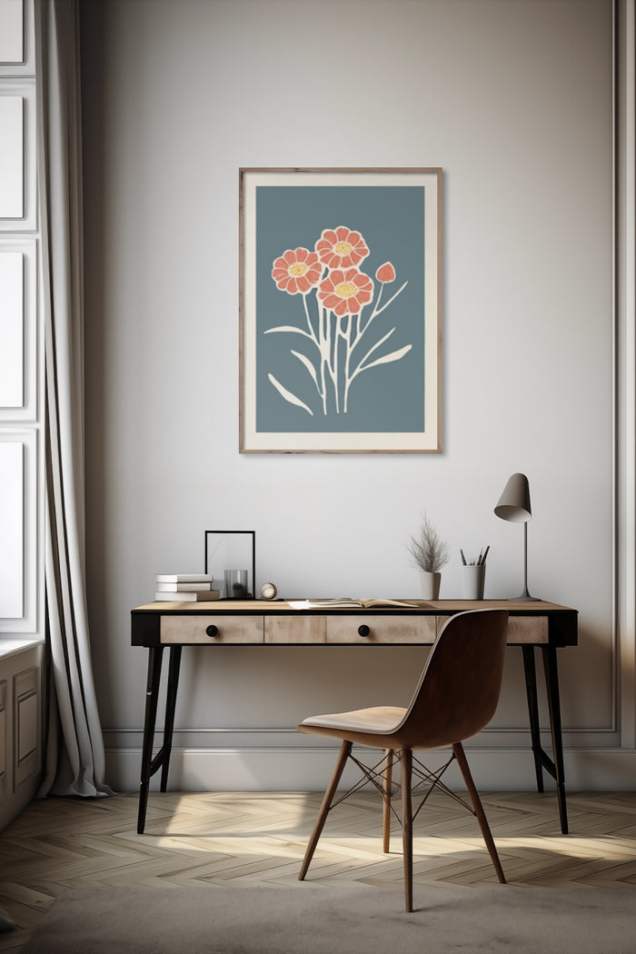 Vintage floral poster artwork in a stylish modern home office setting