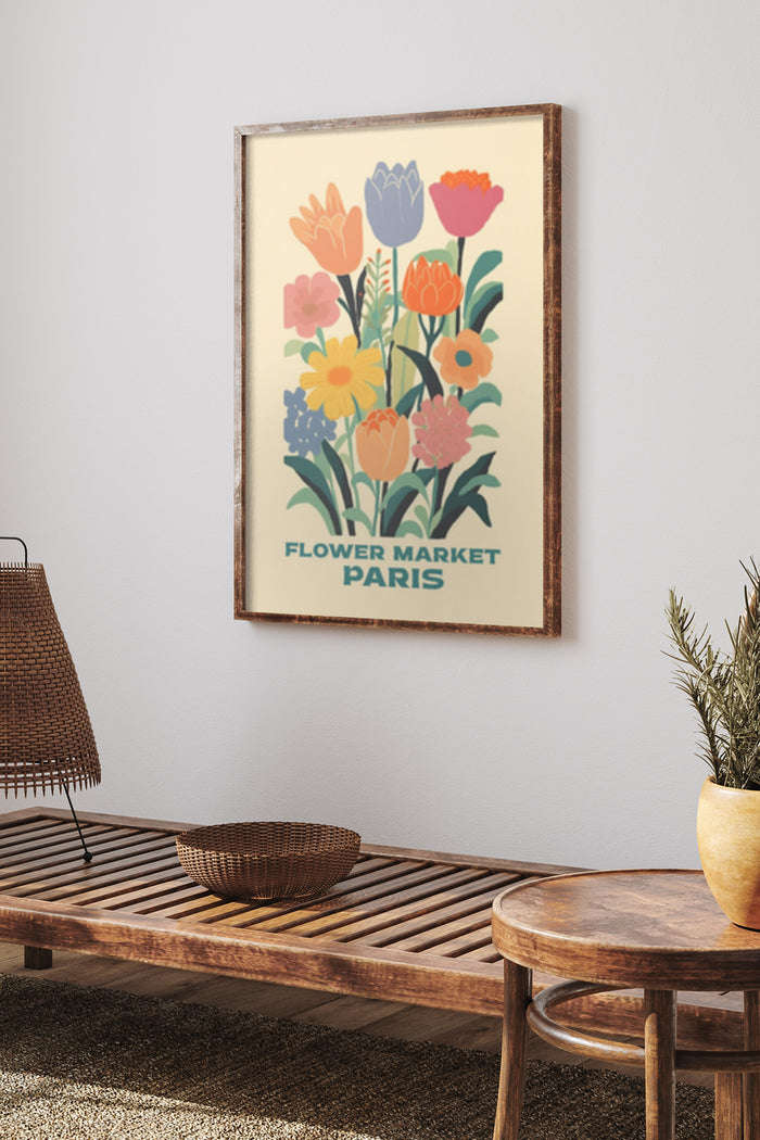 Vintage Flower Market Paris Poster with Colorful Floral Illustration in Home Decor Setting