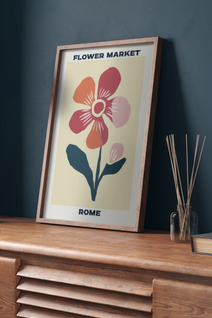 Vintage Flower Market Poster with a Large Red Flower, Advertisement Artwork for Rome