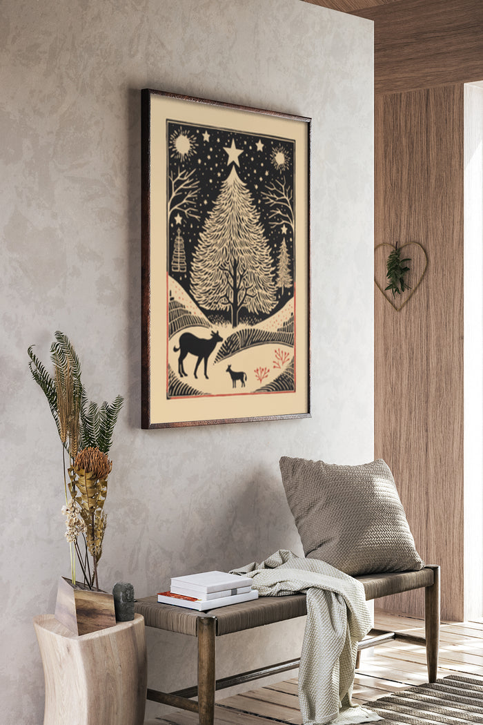 Vintage forest landscape poster with deer and fawn in stylish interior setting