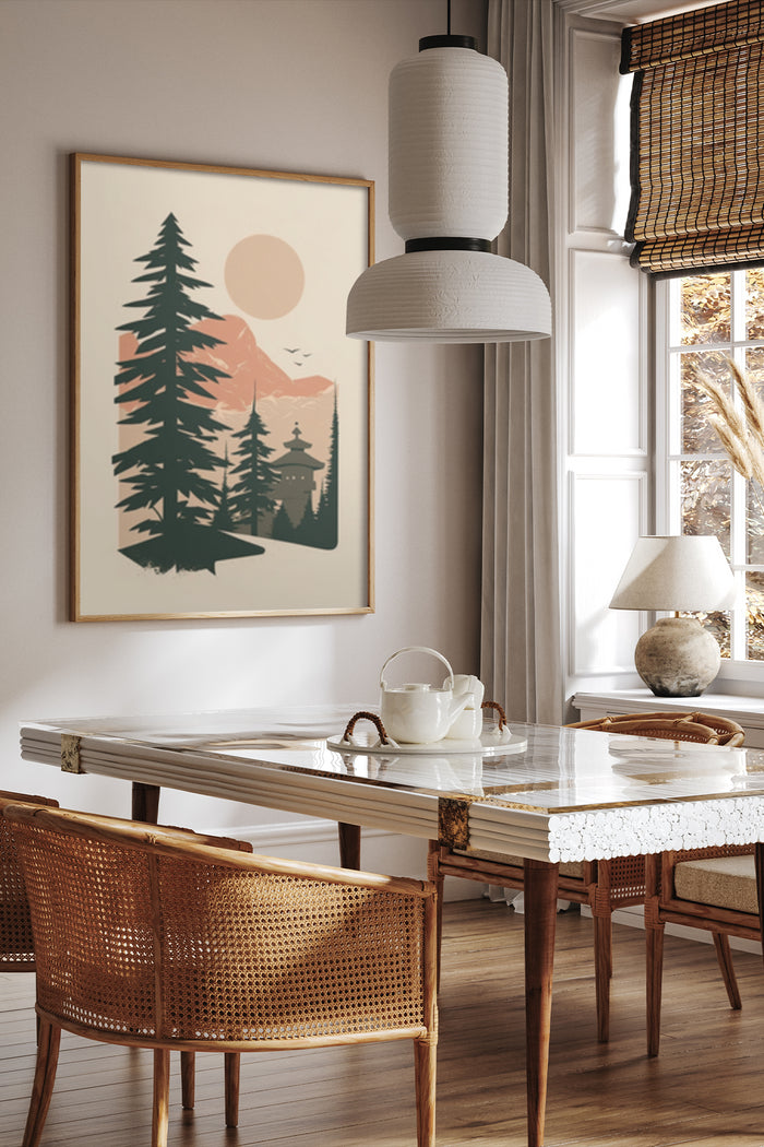 Vintage style poster depicting a forest and sunset in a cozy dining room setting