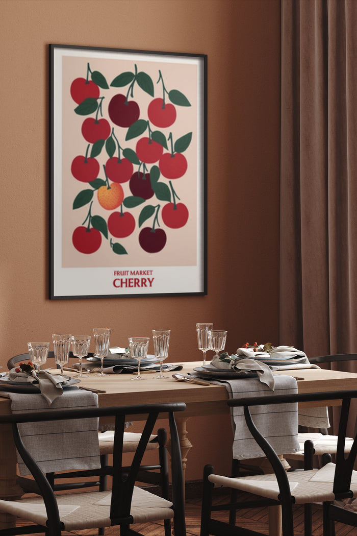 Vintage Fruit Market Cherry Poster in Stylish Dining Room Setting