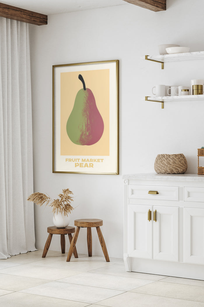 Vintage Fruit Market Pear Poster in a Modern Kitchen Setting