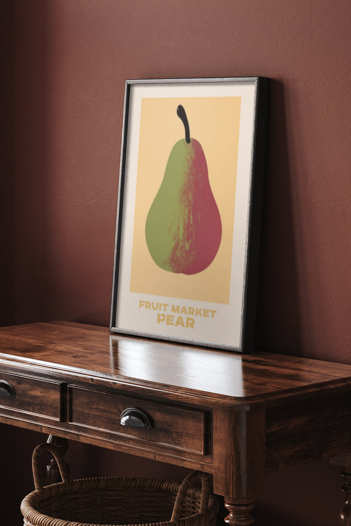 Vintage Fruit Market Pear Poster in Stylish Frame on Wooden Dresser