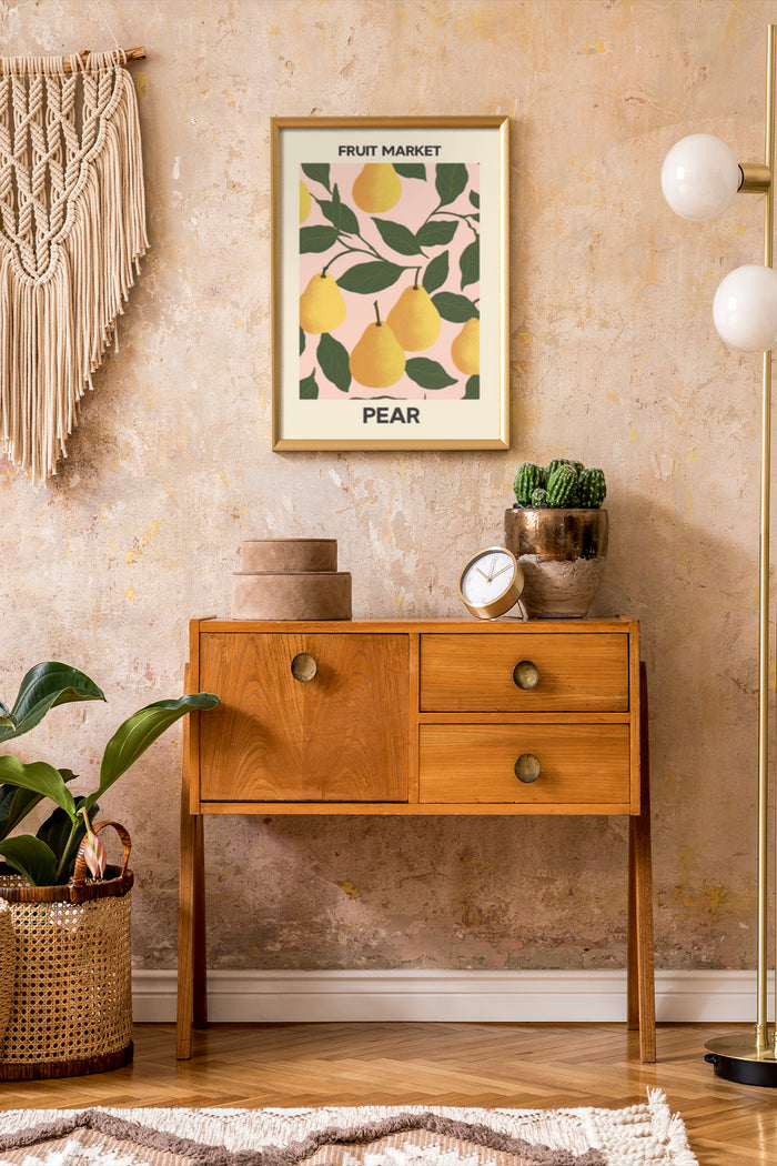 Vintage fruit market pear poster in stylish interior design