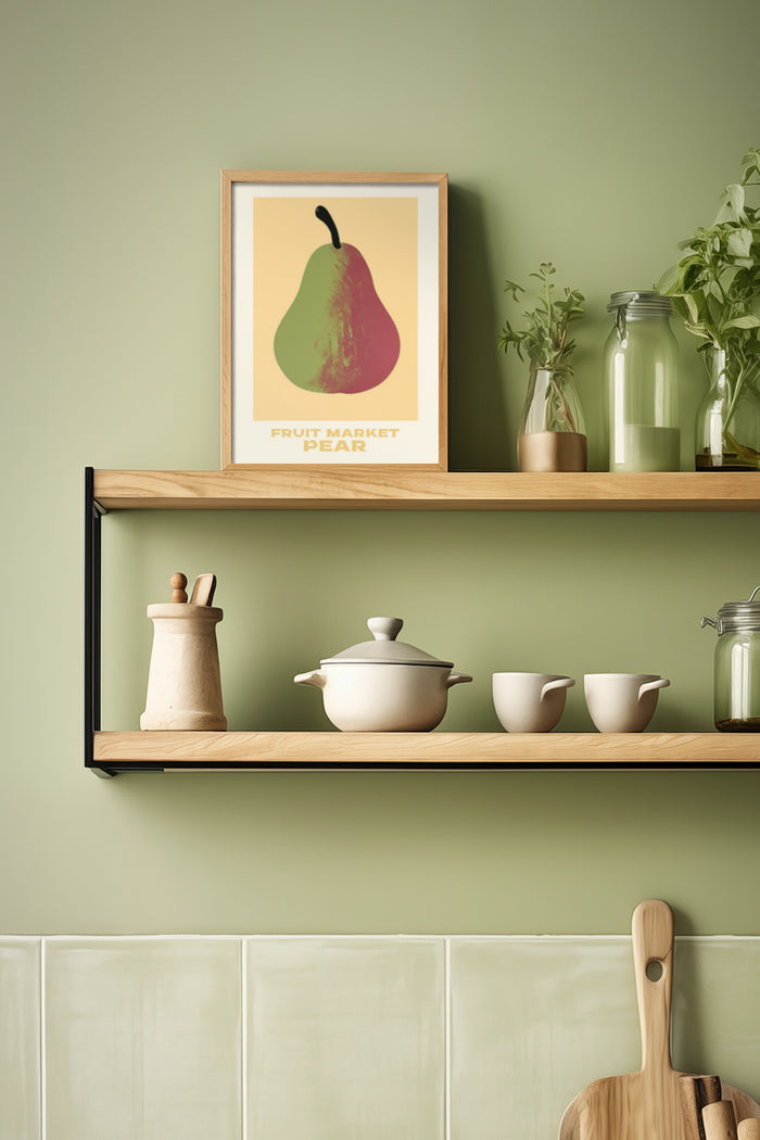 Vintage Fruit Market Pear Poster in Kitchen Setting with Wooden Shelves and Ceramic Tableware