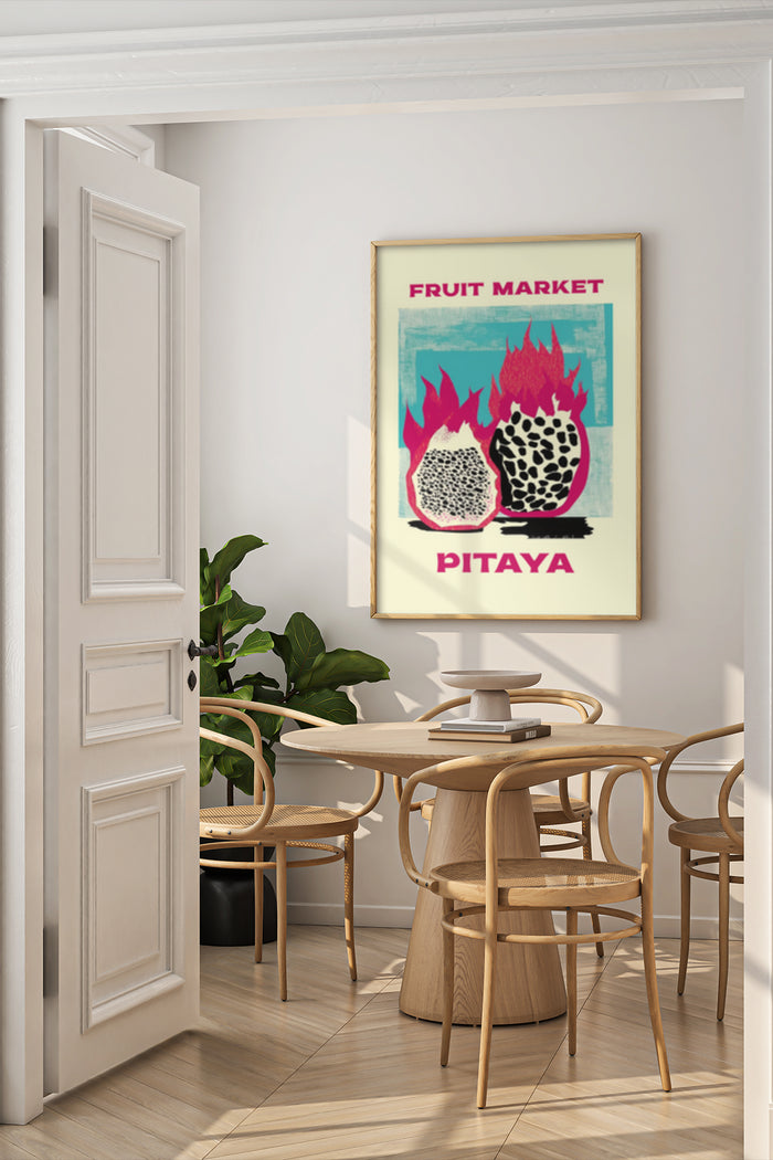 Retro style Fruit Market advertisement featuring Pitaya fruit in a modern dining room