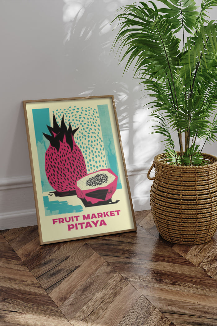 Vintage style Fruit Market Pitaya poster with illustration of whole and halved dragon fruit
