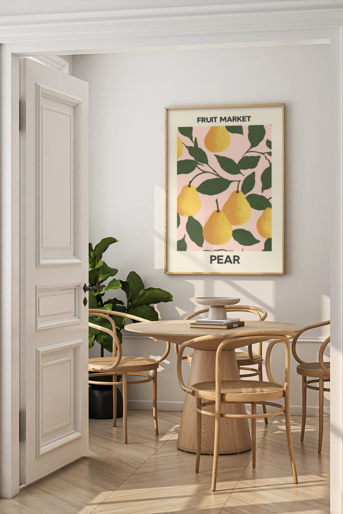 Retro styled Fruit Market advertisement poster featuring pears with leaves in a modern dining room