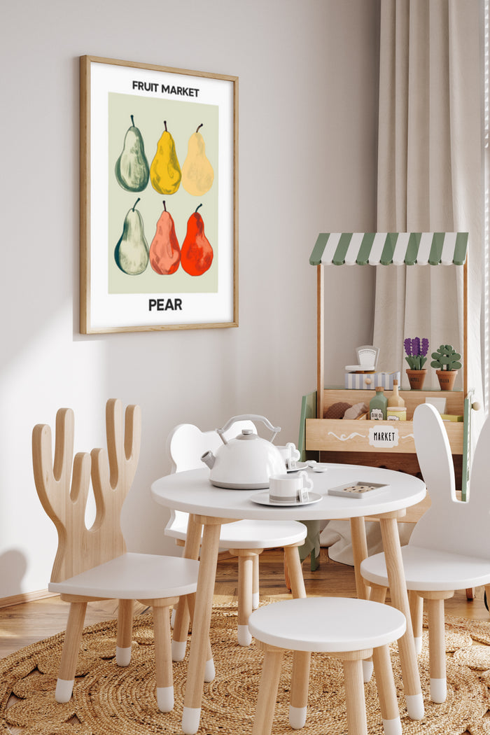 Vintage Fruit Market Poster with Assorted Pear Varieties Hanging in Modern Kitchen