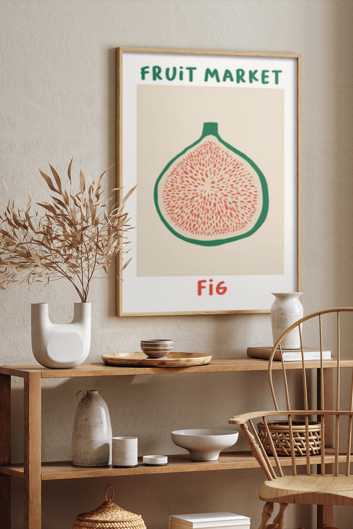 Vintage styled Fruit Market advertisement poster featuring a fig illustration in a modern interior setting