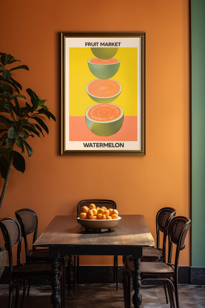 Vintage Fruit Market Watermelon Poster in Stylish Dining Room Interior