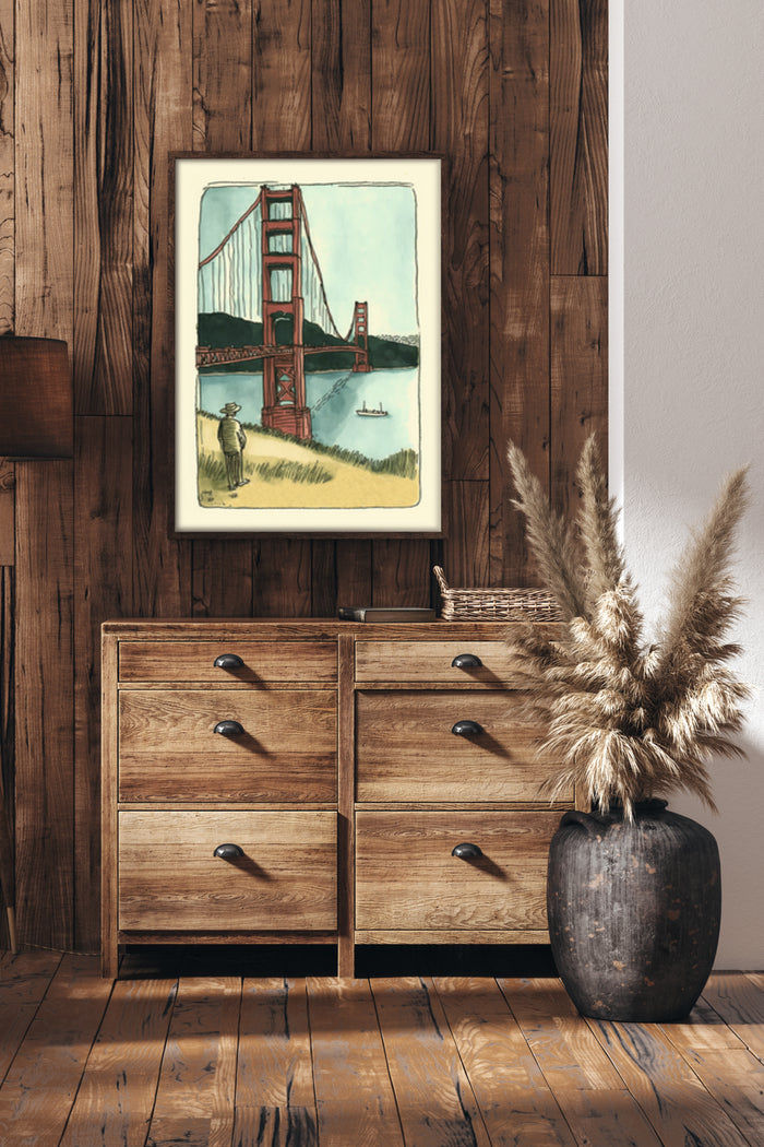 Vintage painting of Golden Gate Bridge with figure in foreground displayed above wooden dresser in rustic interior