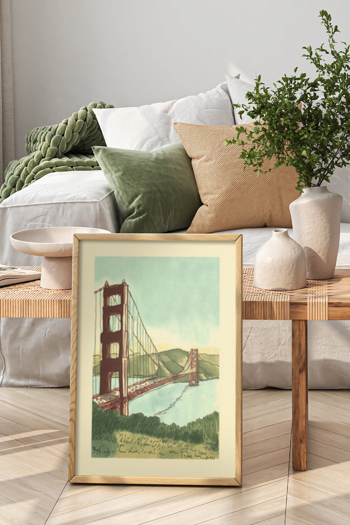 Vintage style Golden Gate Bridge illustration poster framed in a cozy modern bedroom decor