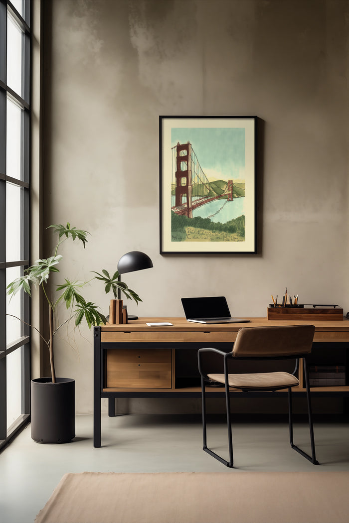 Vintage Golden Gate Bridge travel poster displayed in a stylish modern office setting with laptop and desk