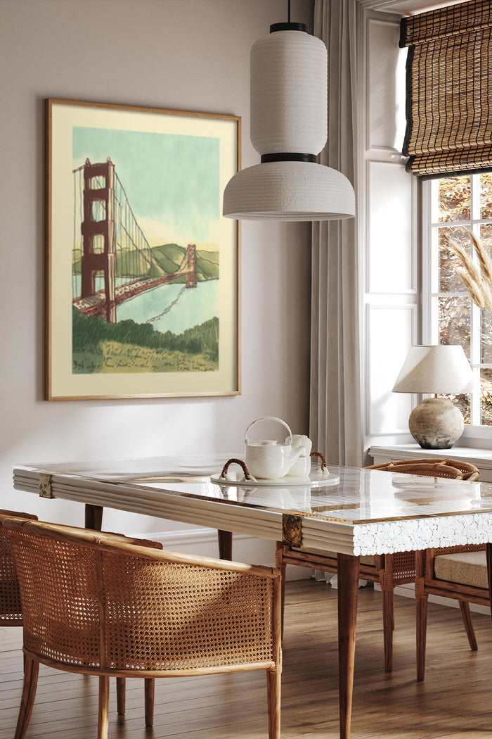 Vintage Golden Gate Bridge poster displayed in a modern interior design setting with stylish furniture