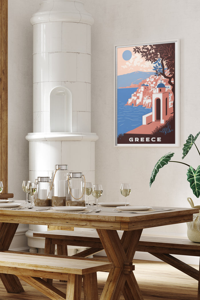 Vintage Greece travel poster in stylish dining room setting