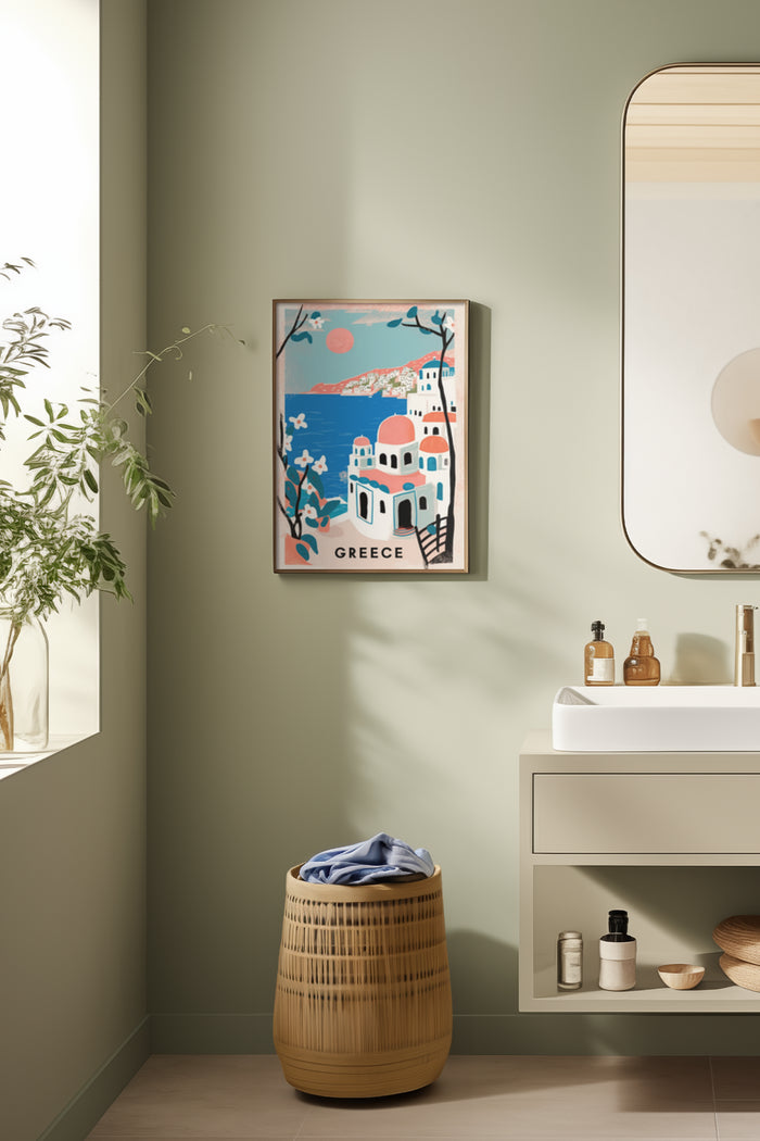 Vintage-style travel poster of Greece with iconic architecture and sea scenery in a modern bathroom decor