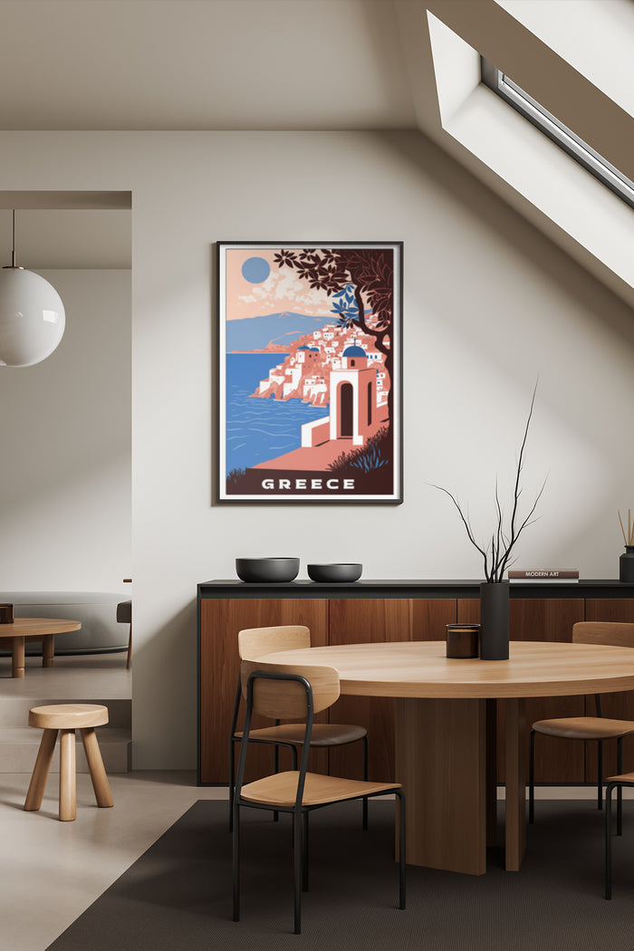 Minimalist vintage travel poster of Greece with blue sea and traditional architecture artwork in a modern dining room