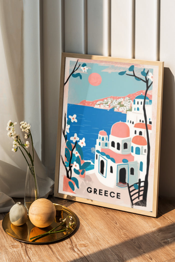 Vintage styled Greece travel poster with iconic white buildings and sea view displayed in a modern interior setting