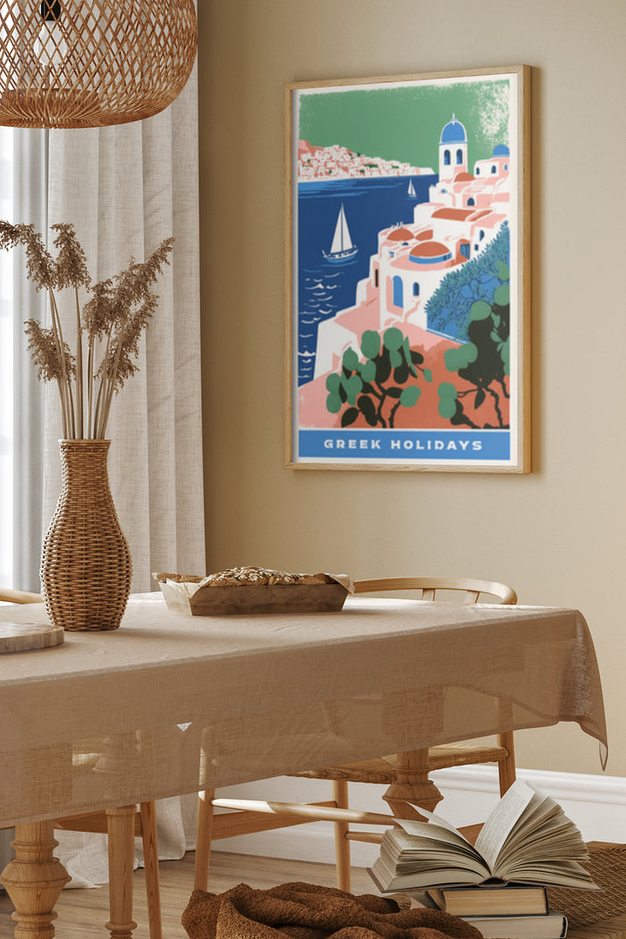 Vintage Greek Holidays travel poster featuring Santorini landscape with a church, houses, and a sailing boat