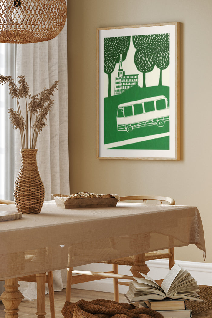 Stylized green vintage bus with trees in the background poster in a modern home interior