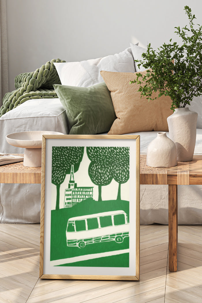 Vintage Style Green Van and Cityscape Artwork in Modern Bedroom Setting