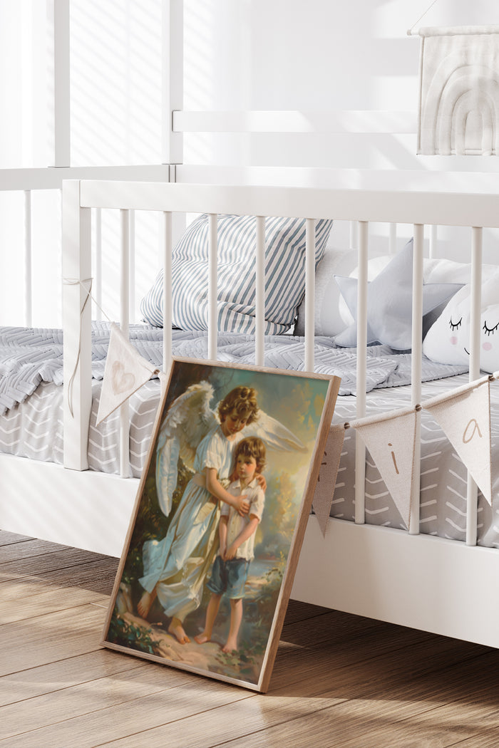 Vintage Guardian Angel Painting Beside Child's Bed With Decorative Pillows And Plush Toys