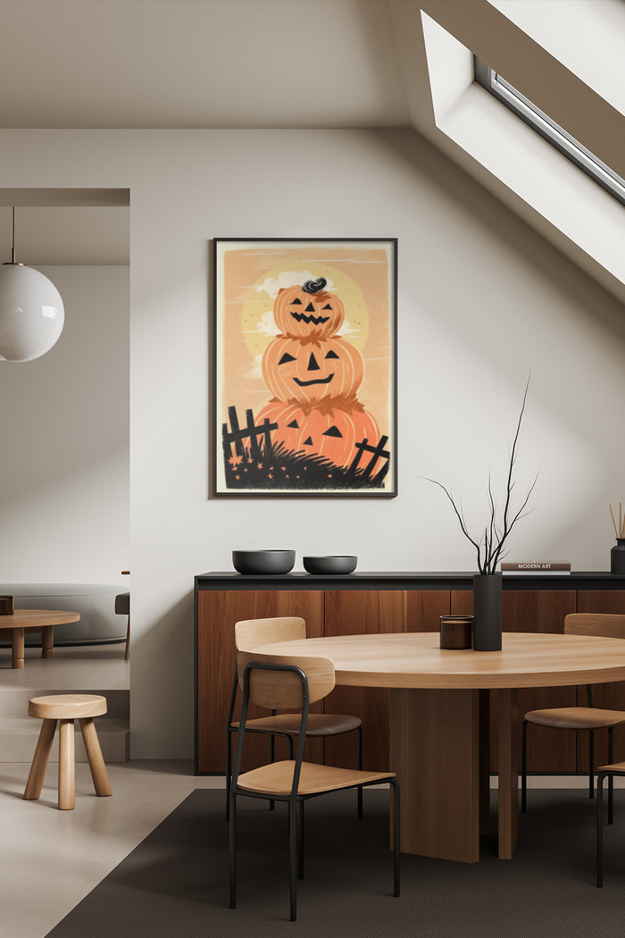 Vintage Halloween Poster with a Stack of Jack-o'-lanterns in a Contemporary Dining Room Setting