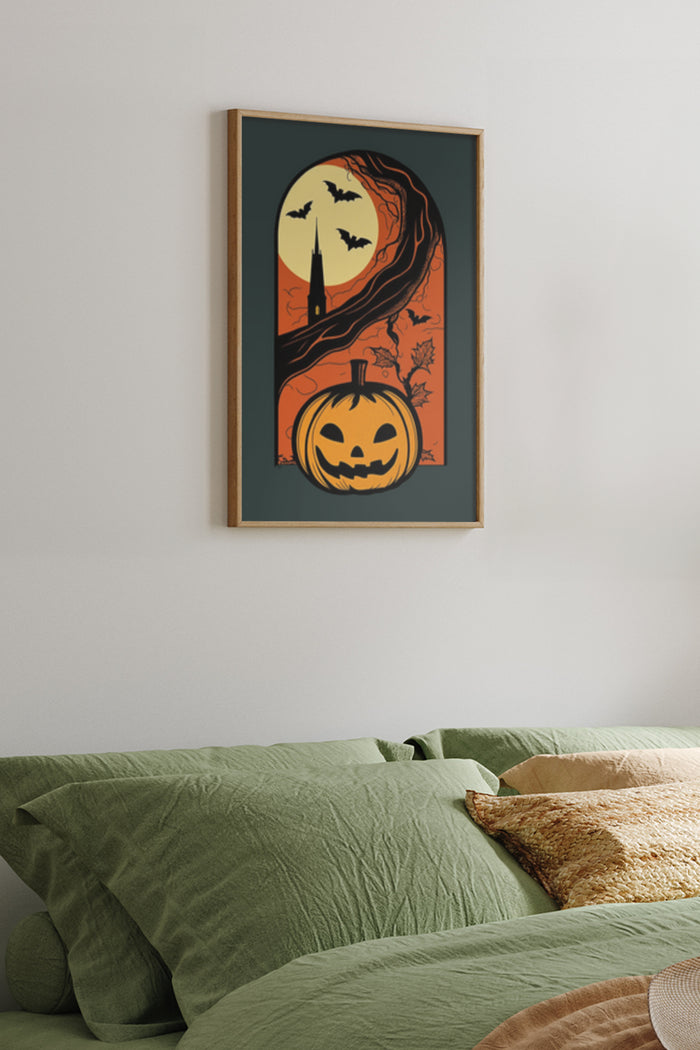 Vintage Halloween themed poster displaying a jack-o'-lantern, spooky tree, full moon, and bats on a bedroom wall
