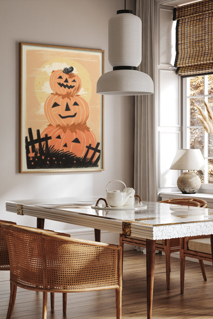 Vintage Halloween pumpkin poster in stylish dining room interior