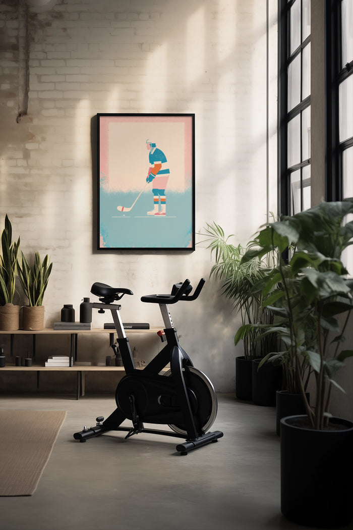 Minimalist vintage hockey player poster displayed in a chic modern home gym with indoor plants