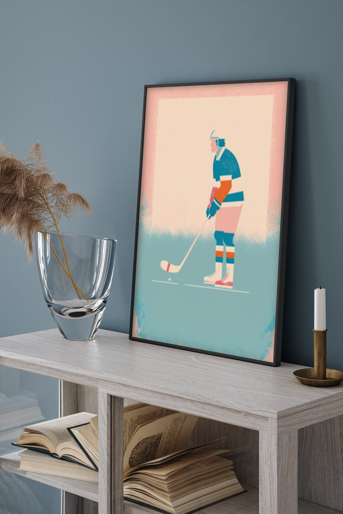 Vintage style illustration of a hockey player poster framed and displayed in a stylish interior