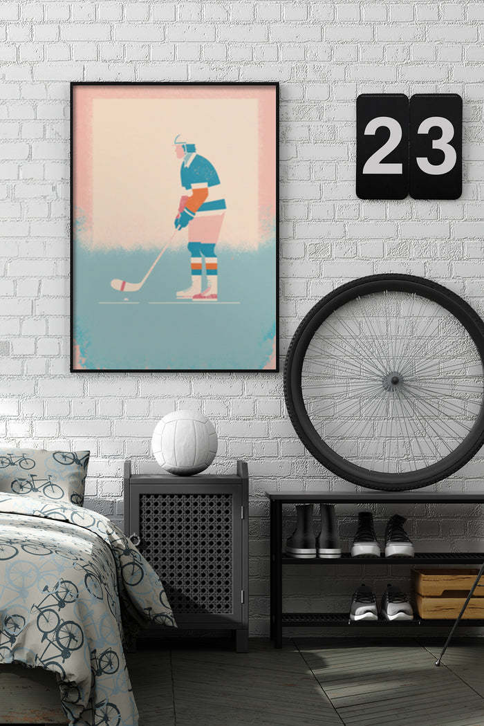 Vintage styled hockey player poster in bedroom interior