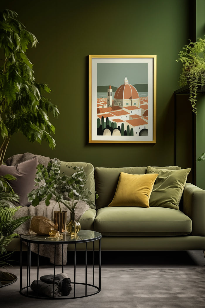 Stylish interior with vintage Florence Cathedral illustration poster on olive green wall with modern furniture