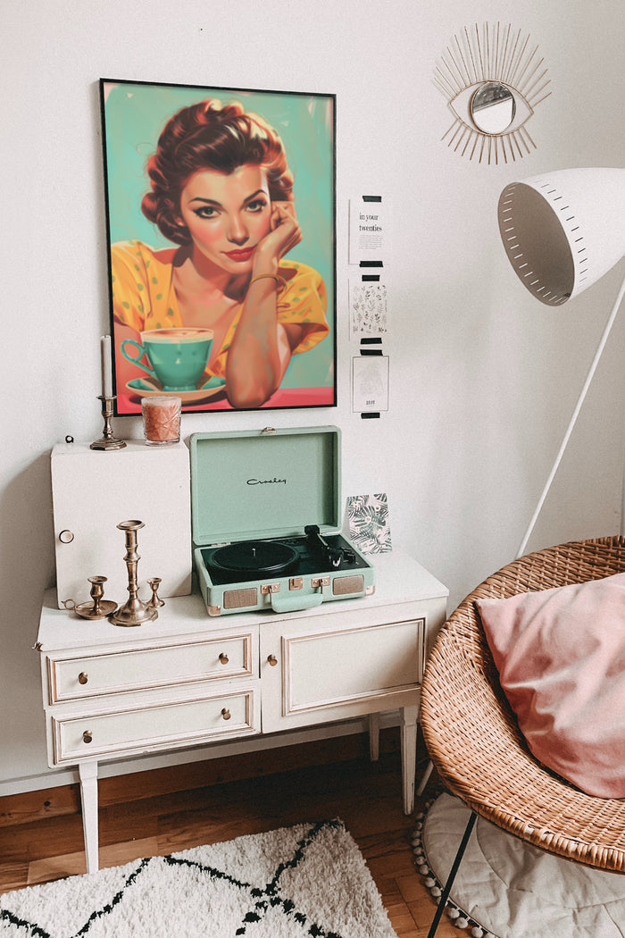 Vintage style poster of a woman with a coffee cup in a stylish interior with record player