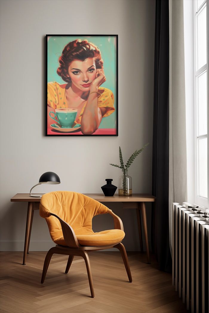 Vintage inspired poster of a woman enjoying coffee, displayed in a contemporary interior setting