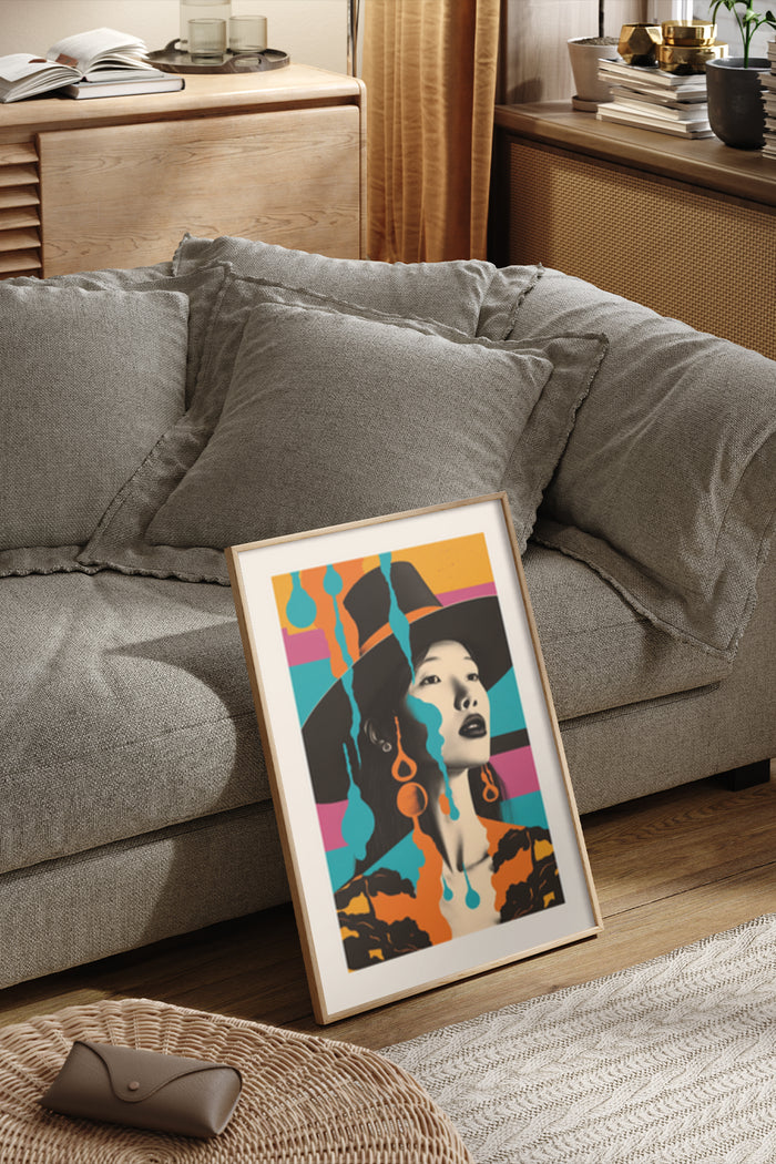 Stylish vintage-inspired fashion artwork in a modern living room setting