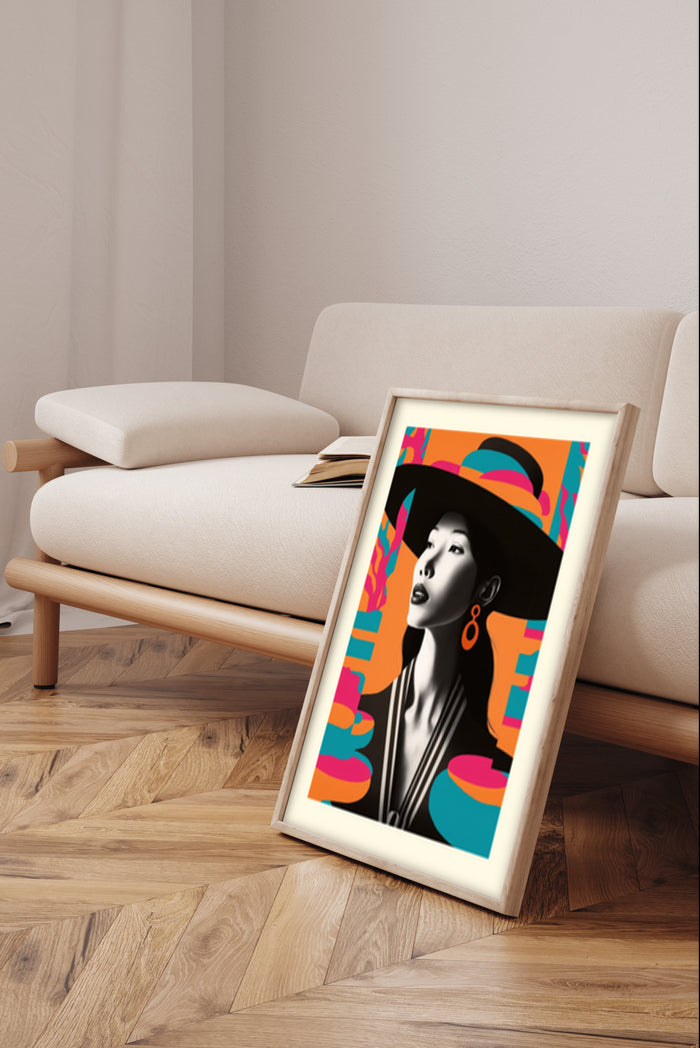 Vintage inspired fashion illustration poster framed in a contemporary living room setting