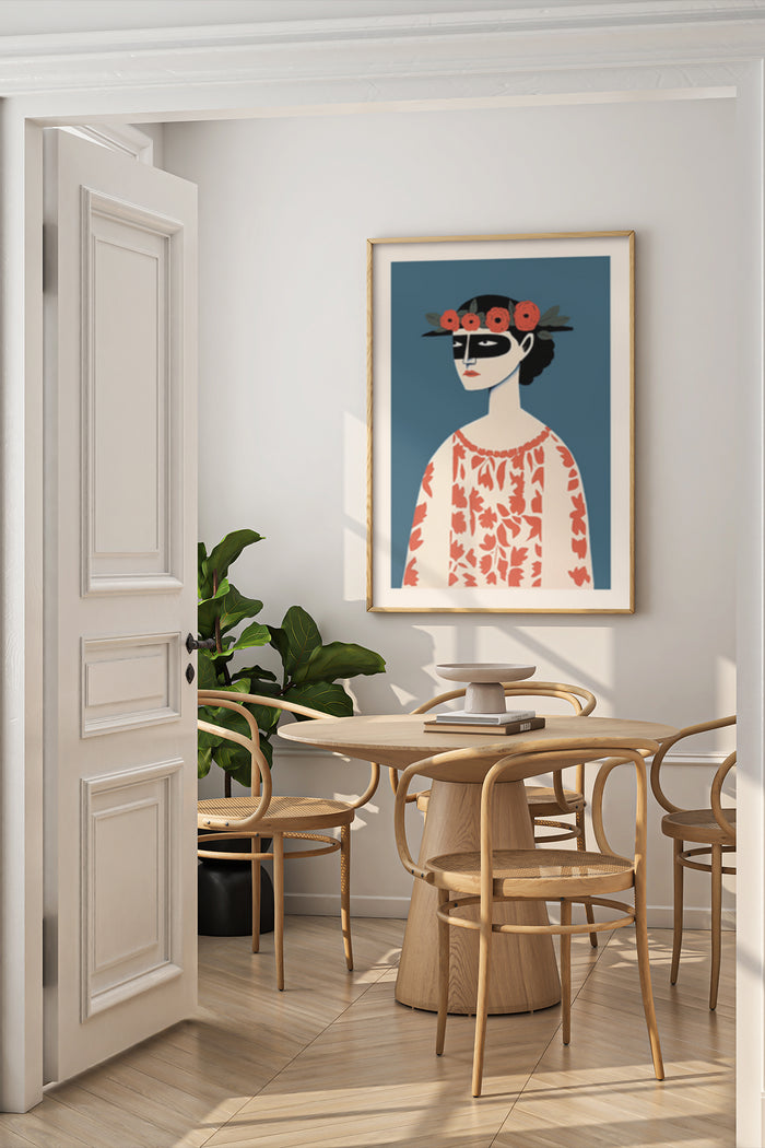 A vintage style poster depicting a woman in a floral dress with a flower headband in a contemporary dining room setting