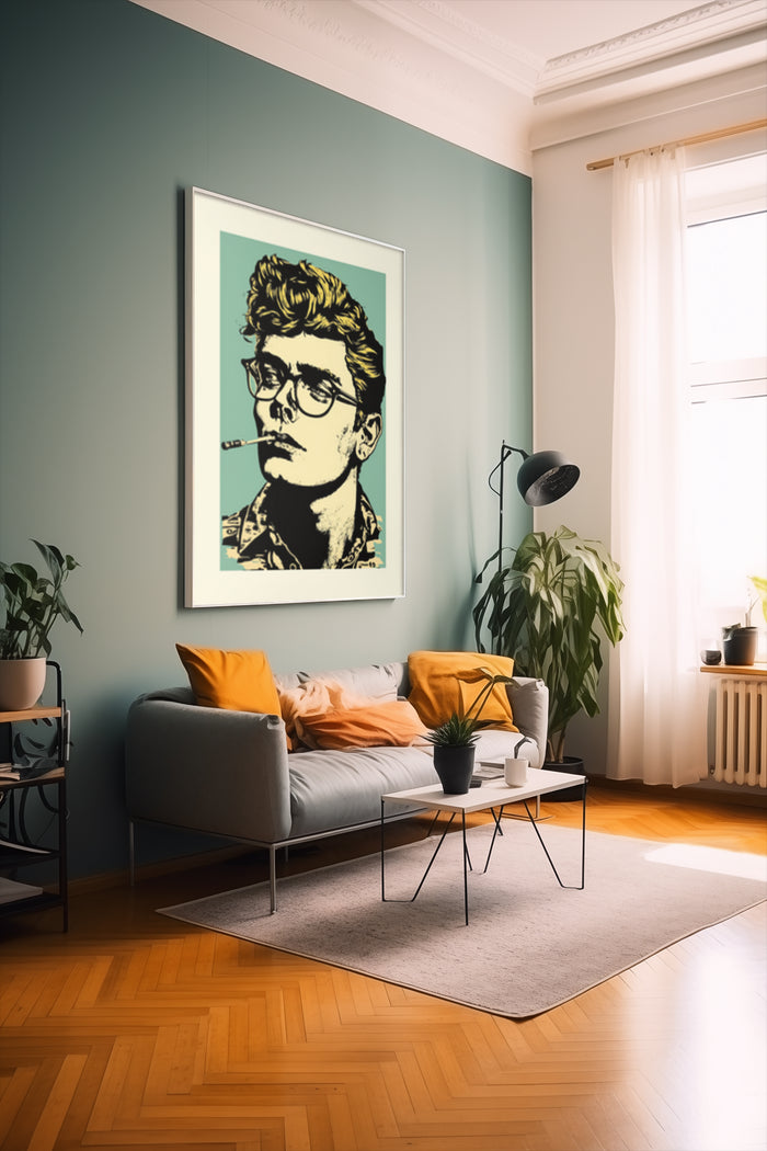Retro pop art style portrait poster with a man wearing glasses and smoking, hanging in a contemporary living room with stylish interior design