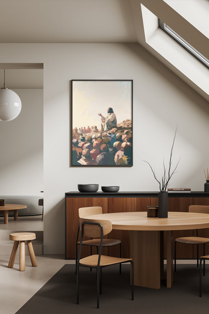 Vintage Inspired Sermon Scene Painting Poster Displayed In a Contemporary Dining Room Setting