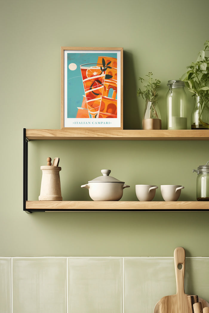 Vintage Italian Campari advertisement poster framed on a kitchen shelf